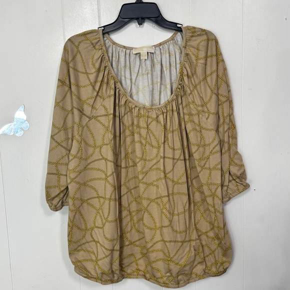Michael Kors Womens Size 3X Tan Gold Chain Print 3/4 Sleeve Top Blouse Pullover - Picture 1 of 9